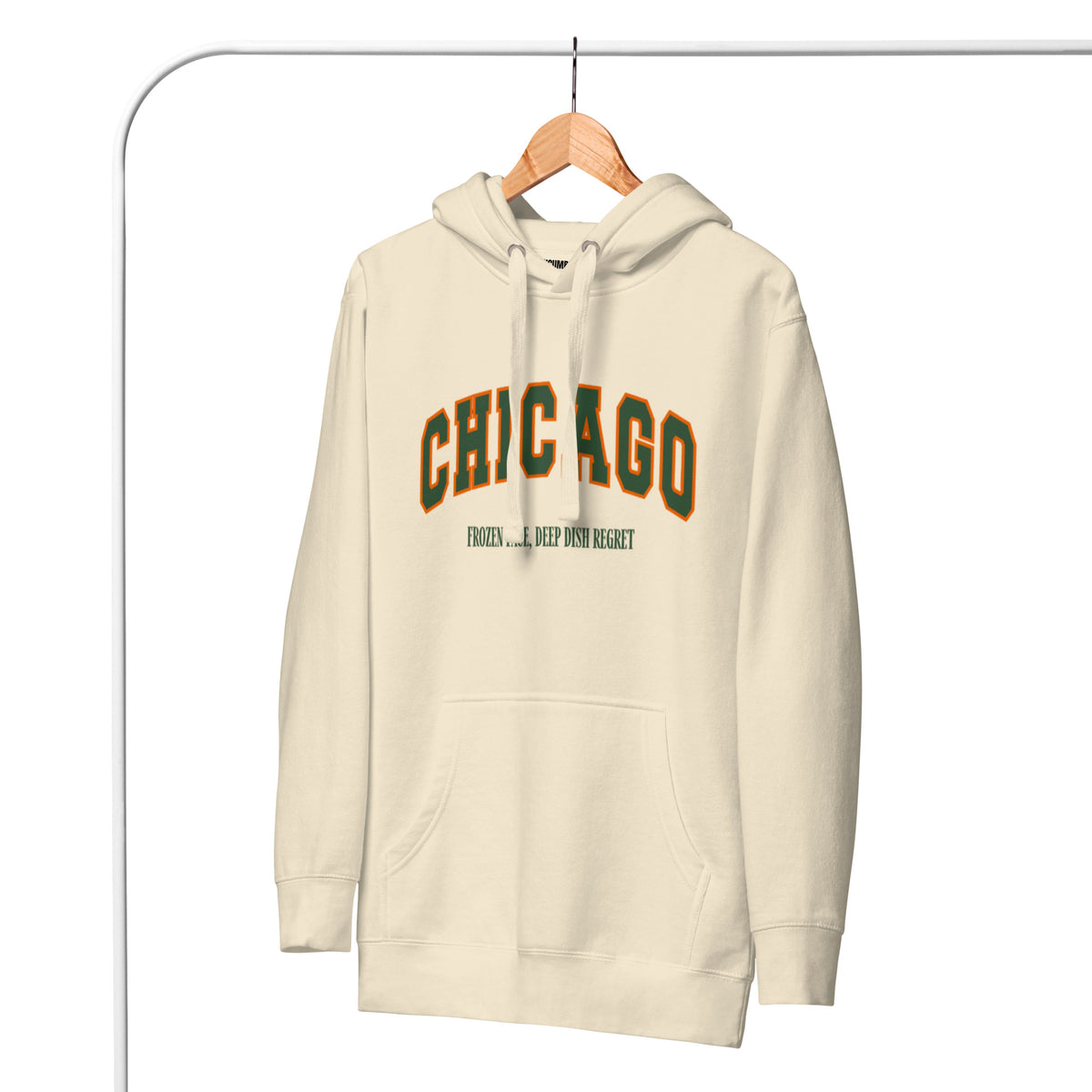 Bone hoodie featuring a vintage athletic graphic with arched Chicago text in green and orange, and the phrase Frozen Face, Deep Dish Regret underneath in a green serif font.