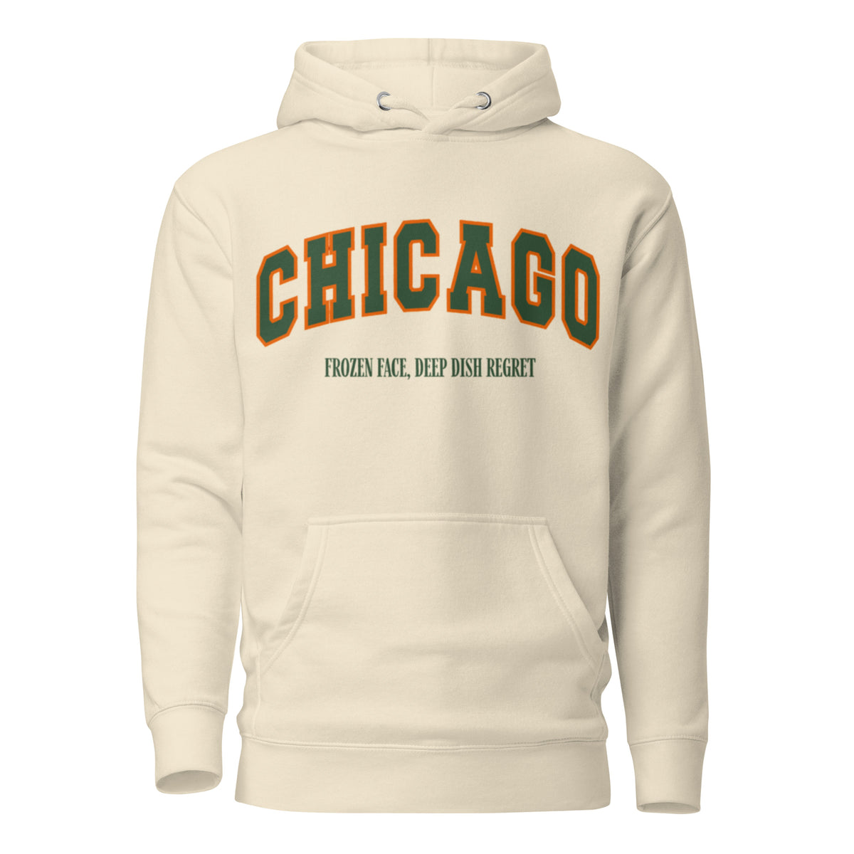 Bone hoodie featuring a vintage athletic graphic with arched Chicago text in green and orange, and the phrase Frozen Face, Deep Dish Regret underneath in a green serif font.