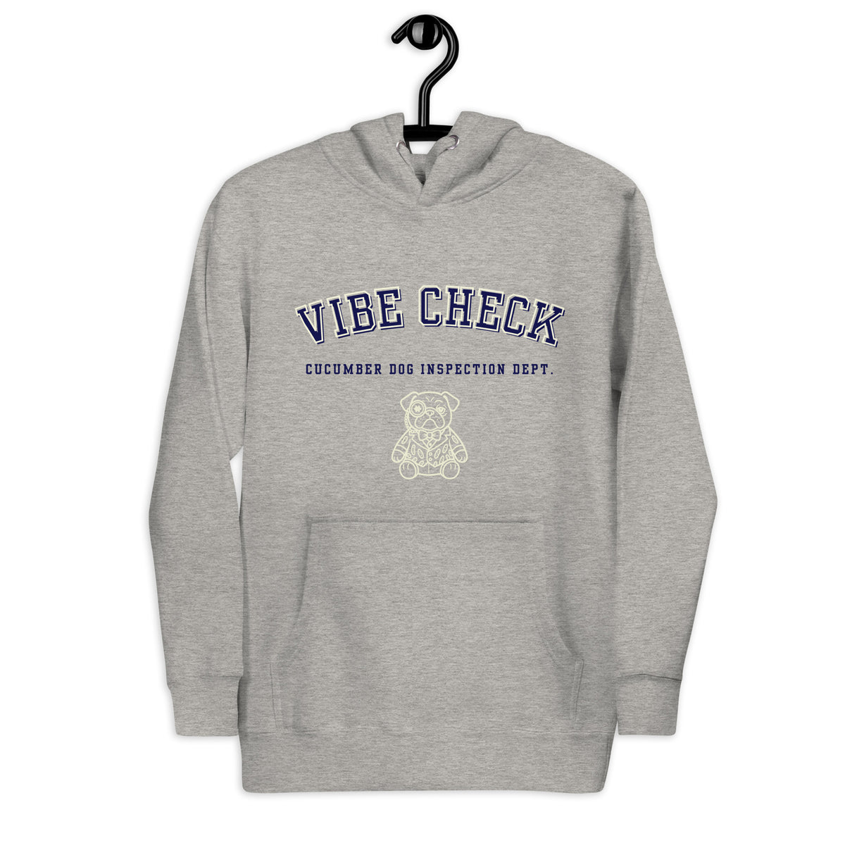 Carbon grey hoodie featuring the text Vibe Check in arched navy collegiate typography above Cucumber Dog Inspection Dept and a cream line art portrait of a pug in a suit.