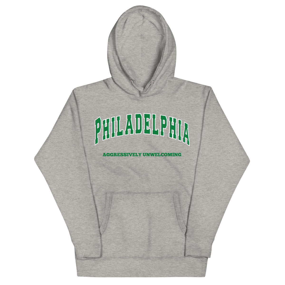 Premium carbon grey hoodie featuring a vintage athletic graphic with arched Philadelphia text in green and white, and the phrase Aggressively Unwelcoming printed underneath in a solid green serif font.