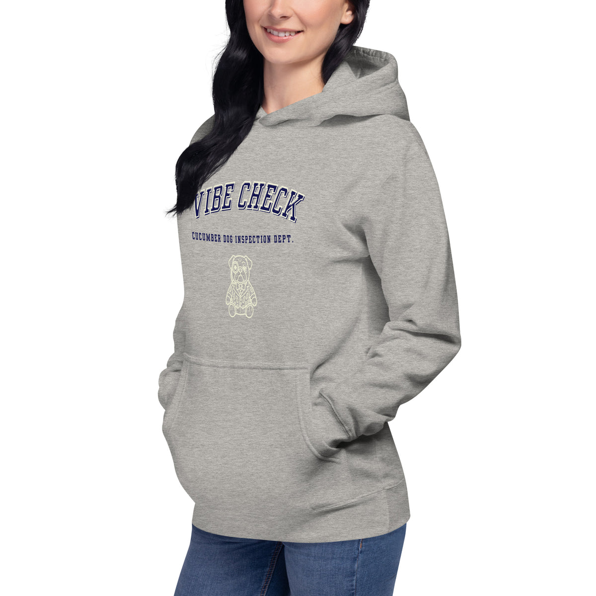 Carbon grey hoodie featuring the text Vibe Check in arched navy collegiate typography above Cucumber Dog Inspection Dept and a cream line art portrait of a pug in a suit.