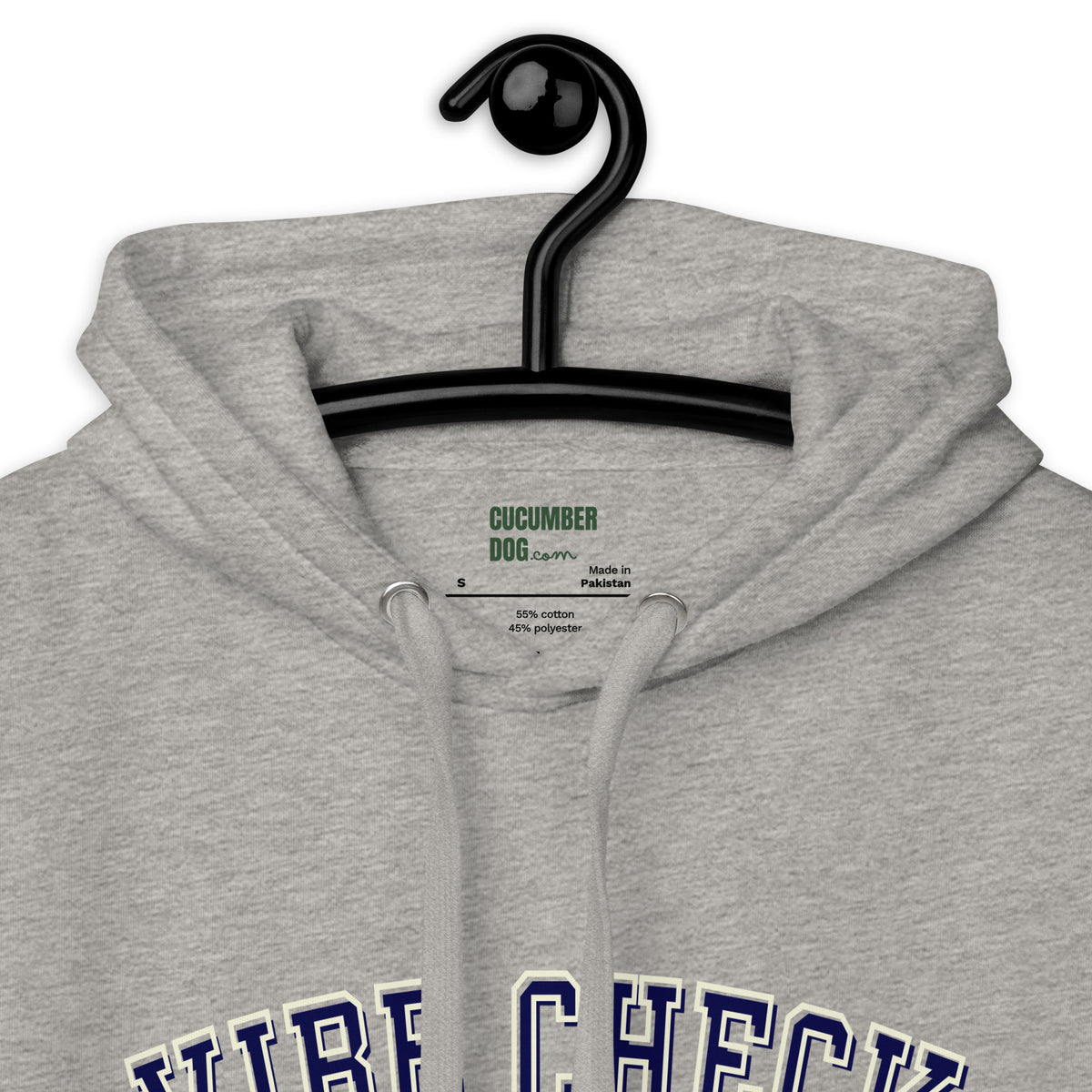 Carbon grey hoodie featuring the text Vibe Check in arched navy collegiate typography above Cucumber Dog Inspection Dept and a cream line art portrait of a pug in a suit and the label.