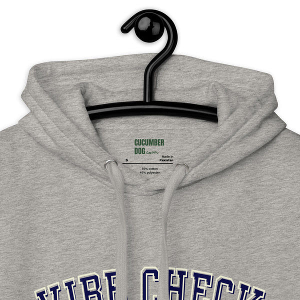 Carbon grey hoodie featuring the text Vibe Check in arched navy collegiate typography above Cucumber Dog Inspection Dept and a cream line art portrait of a pug in a suit and the label.