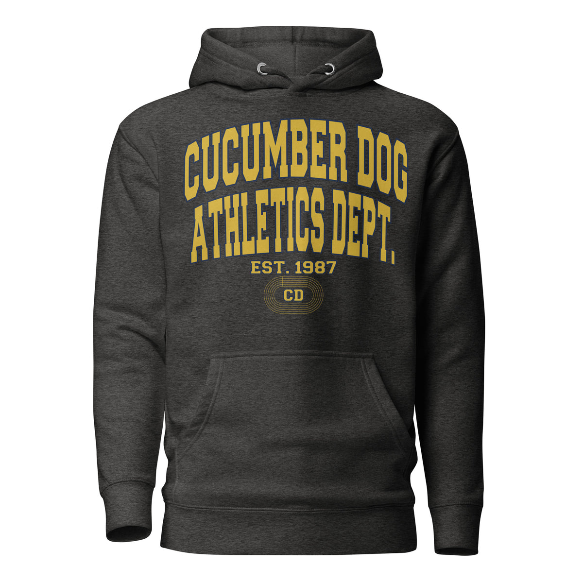 Charcoal heather hoodie featuring a collegiate graphic with arched Cucumber Dog and Athletics Dept text in solid gold, Est. 1987, and a track motif framing the CD monogram.