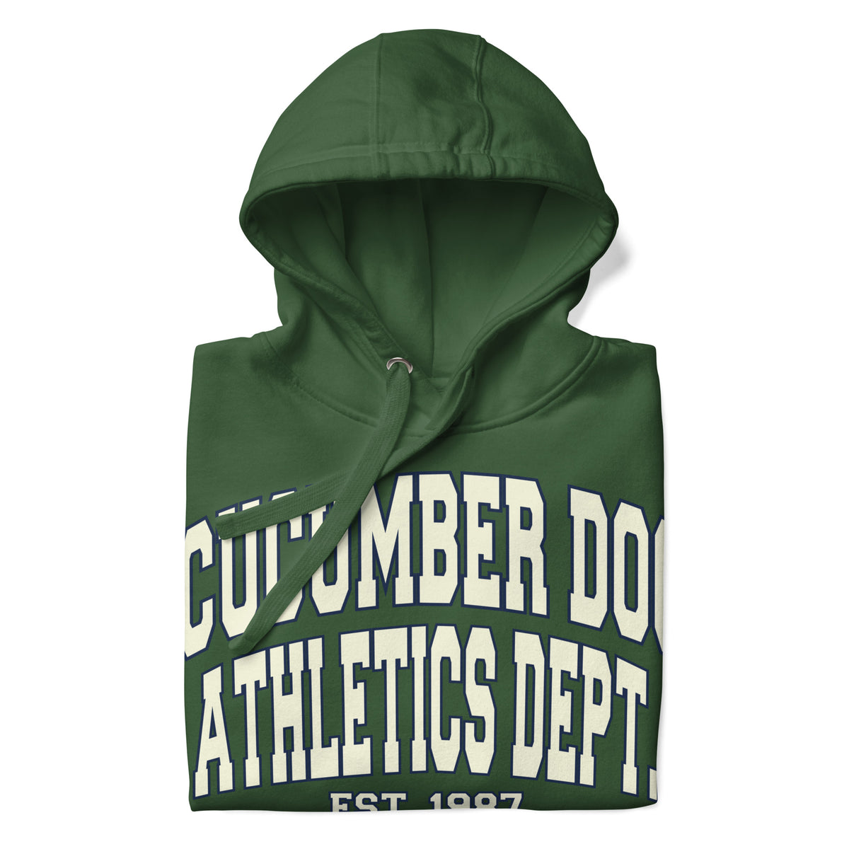 Premium forest green hoodie featuring a vintage athletic graphic with arched Cucumber Dog and Athletics Dept text in solid cream block typography, above Est. 1987 and a track motif framing the CD monogram.