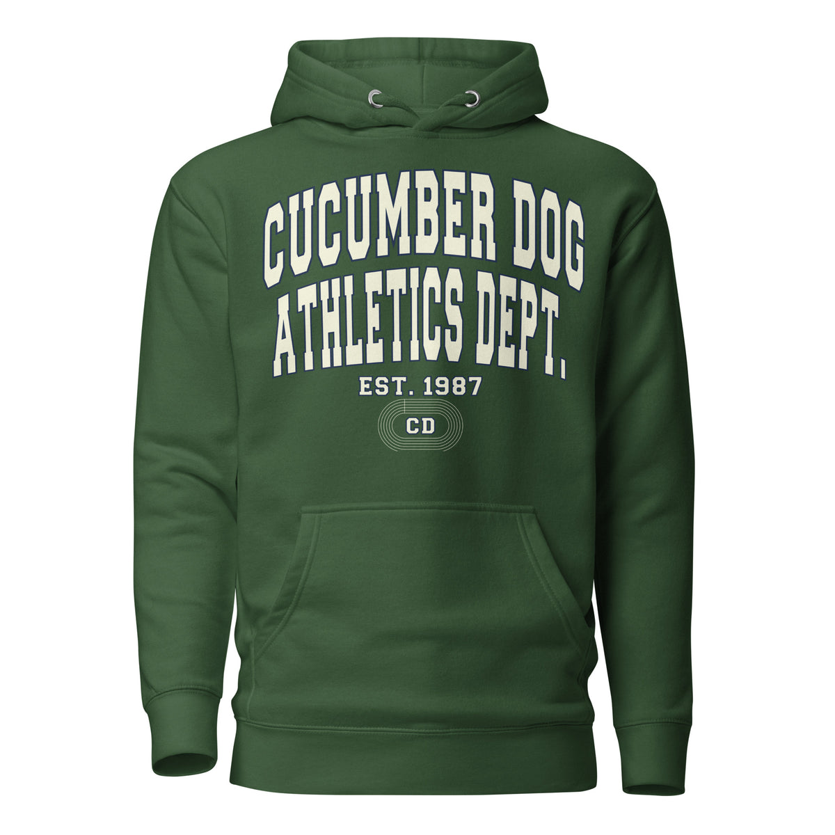 Premium forest green hoodie featuring a vintage athletic graphic with arched Cucumber Dog and Athletics Dept text in solid cream block typography, above Est. 1987 and a track motif framing the CD monogram.