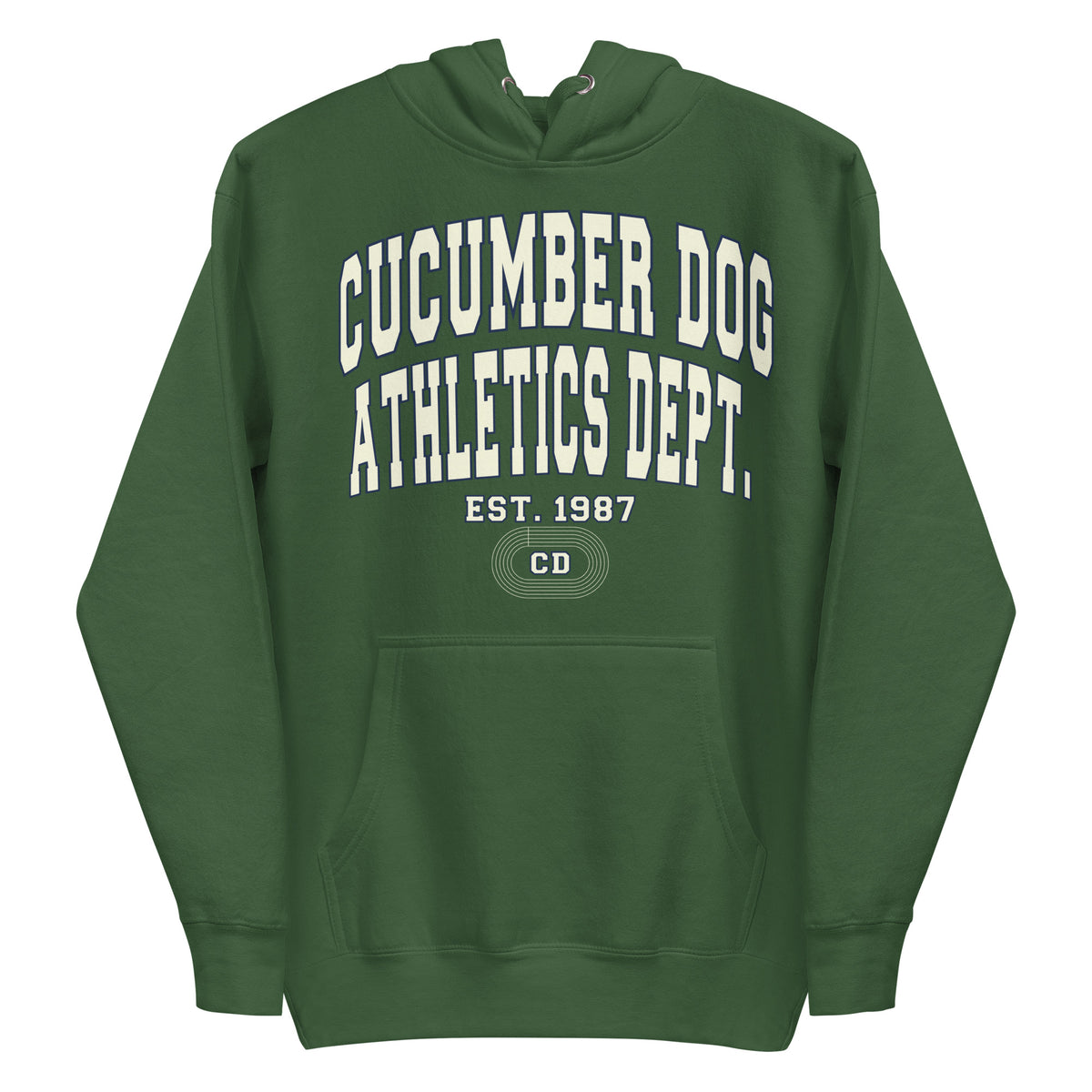 Premium forest green hoodie featuring a vintage athletic graphic with arched Cucumber Dog and Athletics Dept text in solid cream with a navy outline block typography, above Est. 1987 and a track motif framing the CD monogram.