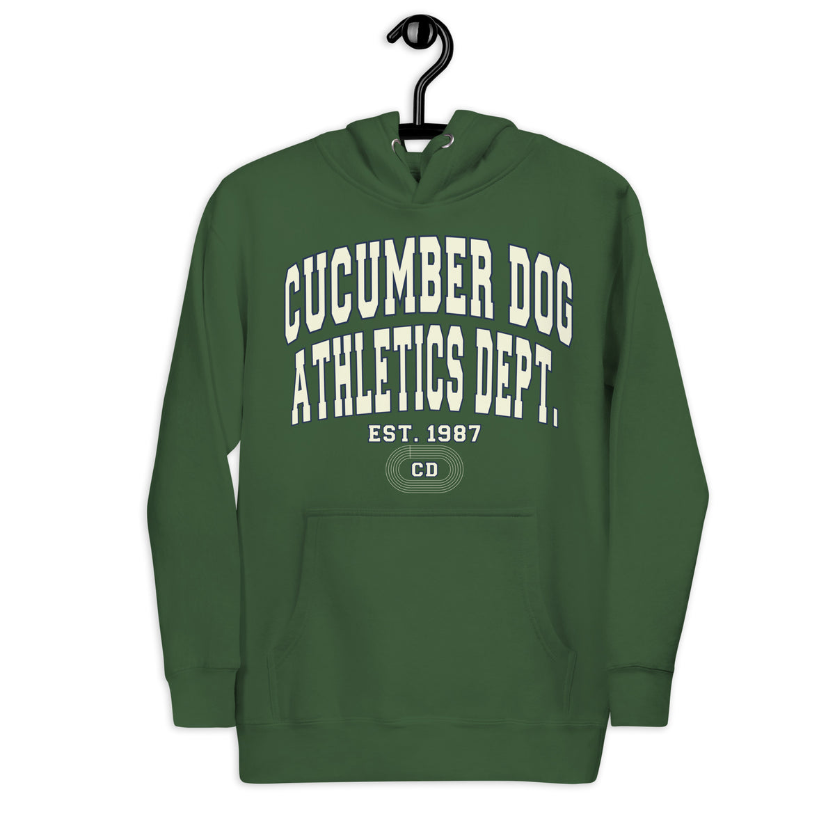 Premium forest green hoodie featuring a vintage athletic graphic with arched Cucumber Dog and Athletics Dept text in solid cream with a navy outline block typography, above Est. 1987 and a track motif framing the CD monogram.