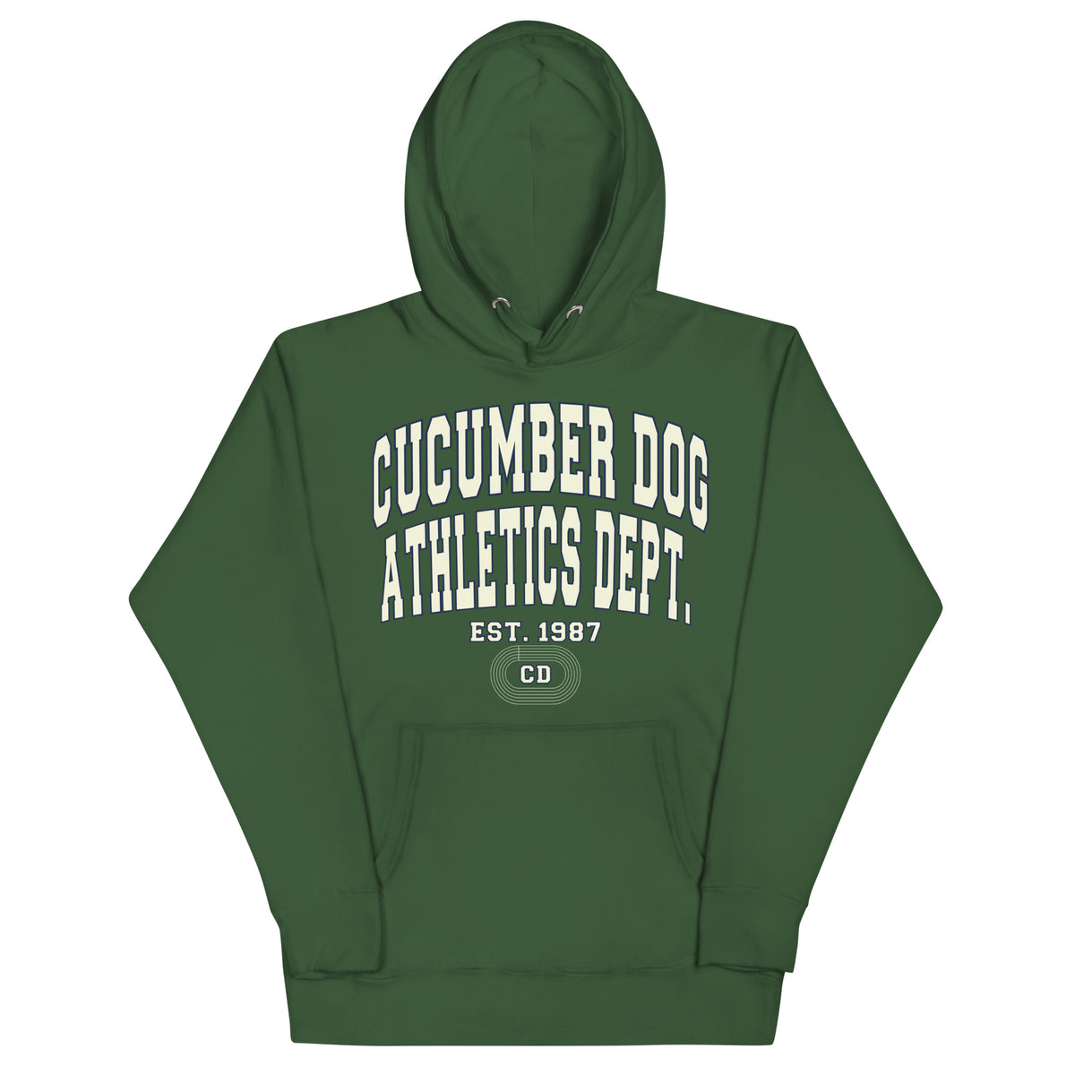 Premium forest green hoodie featuring a vintage athletic graphic with arched Cucumber Dog and Athletics Dept text in solid cream with a navy outline block typography, above Est. 1987 and a track motif framing the CD monogram.