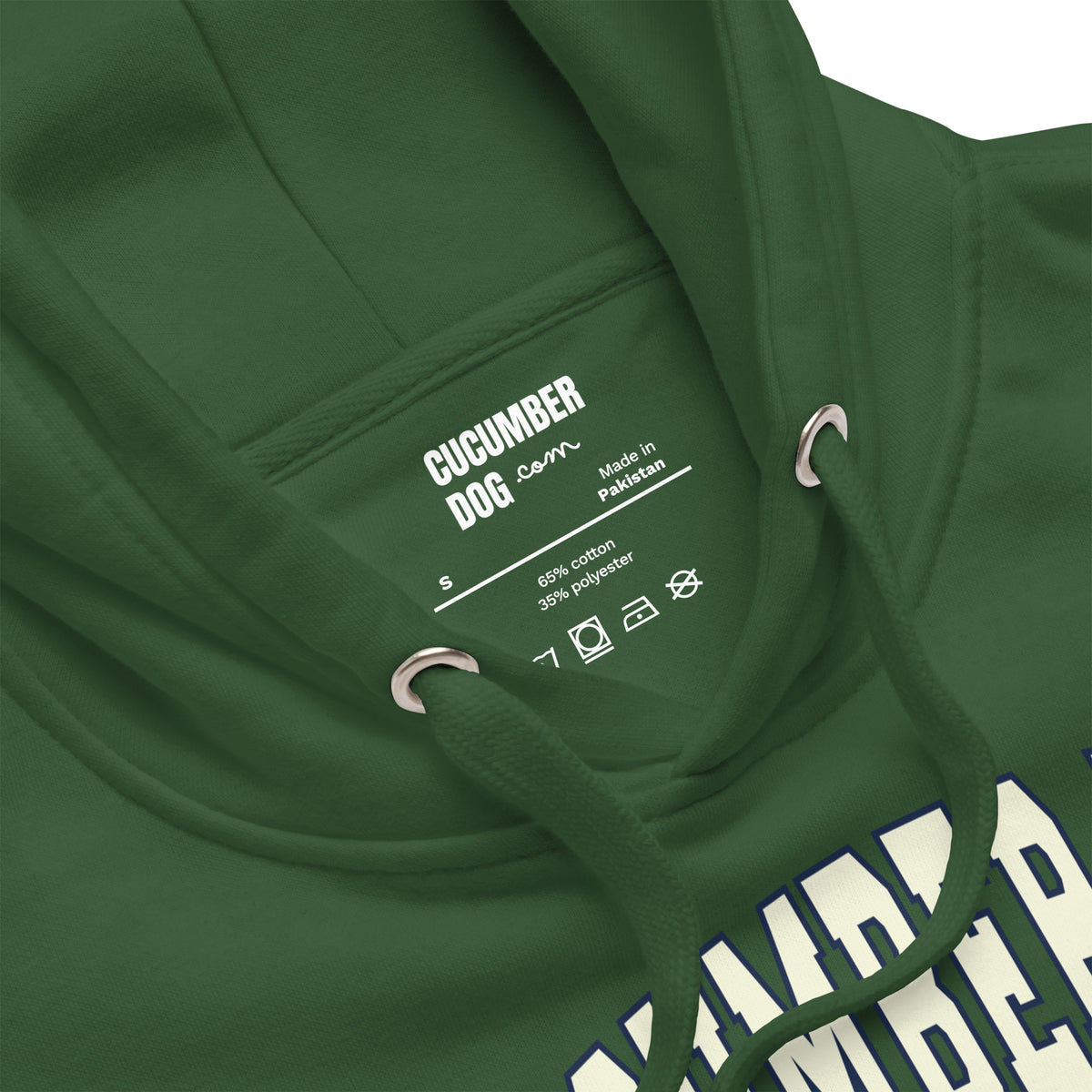 Premium forest green hoodie featuring a vintage athletic graphic with arched Cucumber Dog and Athletics Dept text in solid cream with a navy outline block typography, above Est. 1987 and a track motif framing the CD monogram.