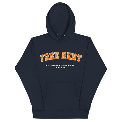 Navy hoodie featuring the text Free Rent in arched orange collegiate typography above Cucumber Dog Real Estate in cream text applied via DTF printing.