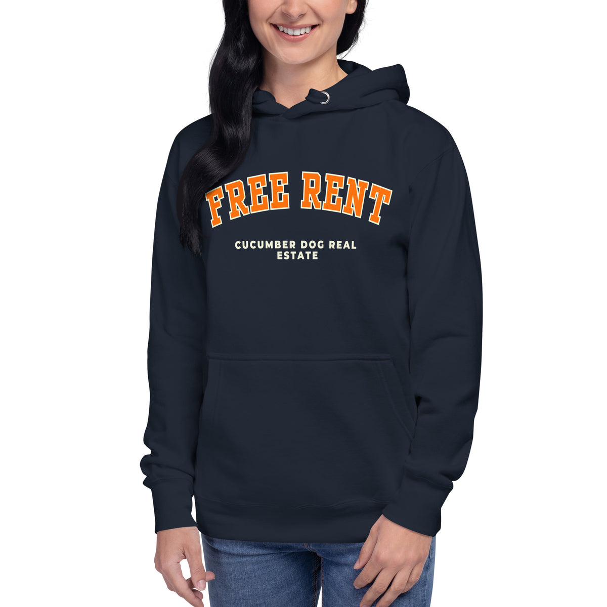 Navy hoodie featuring the text Free Rent in arched orange collegiate typography above Cucumber Dog Real Estate in cream text applied via DTF printing.