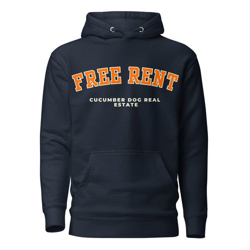 Navy hoodie featuring the text Free Rent in arched orange collegiate typography above Cucumber Dog Real Estate in cream text applied via DTF printing.