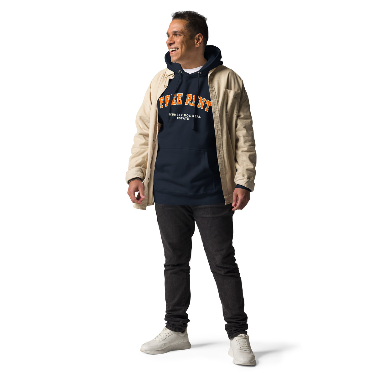 Navy hoodie featuring the text Free Rent in arched orange collegiate typography above Cucumber Dog Real Estate in cream text applied via DTF printing.