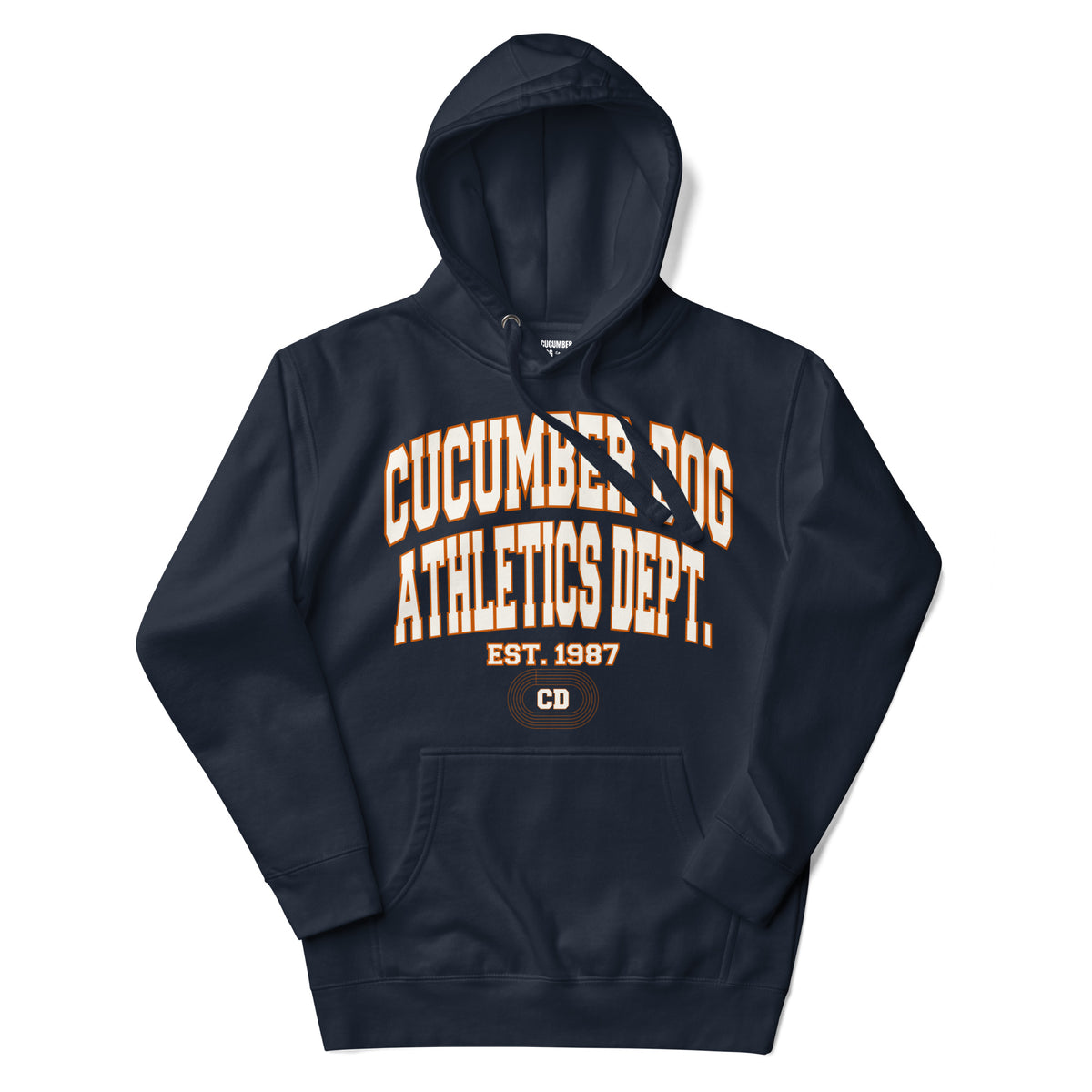 Navy hoodie featuring a collegiate graphic with arched Cucumber Dog and Athletics Dept text in white with orange outlines, Est. 1987, and a track motif framing the CD monogram.