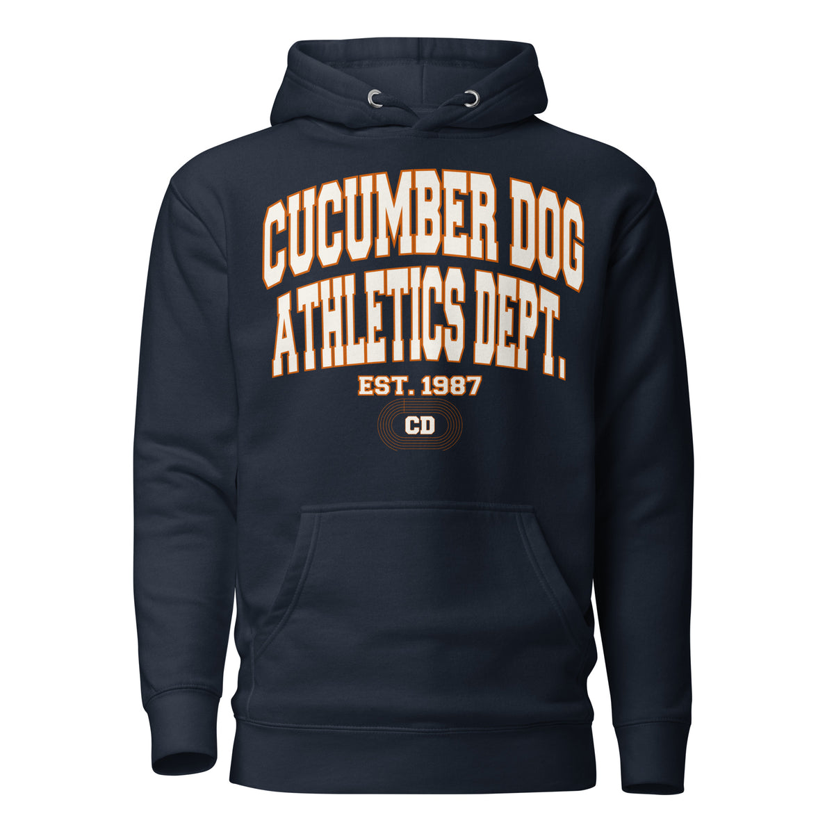 Navy hoodie featuring a collegiate graphic with arched Cucumber Dog and Athletics Dept text in white with orange outlines, Est. 1987, and a track motif framing the CD monogram.