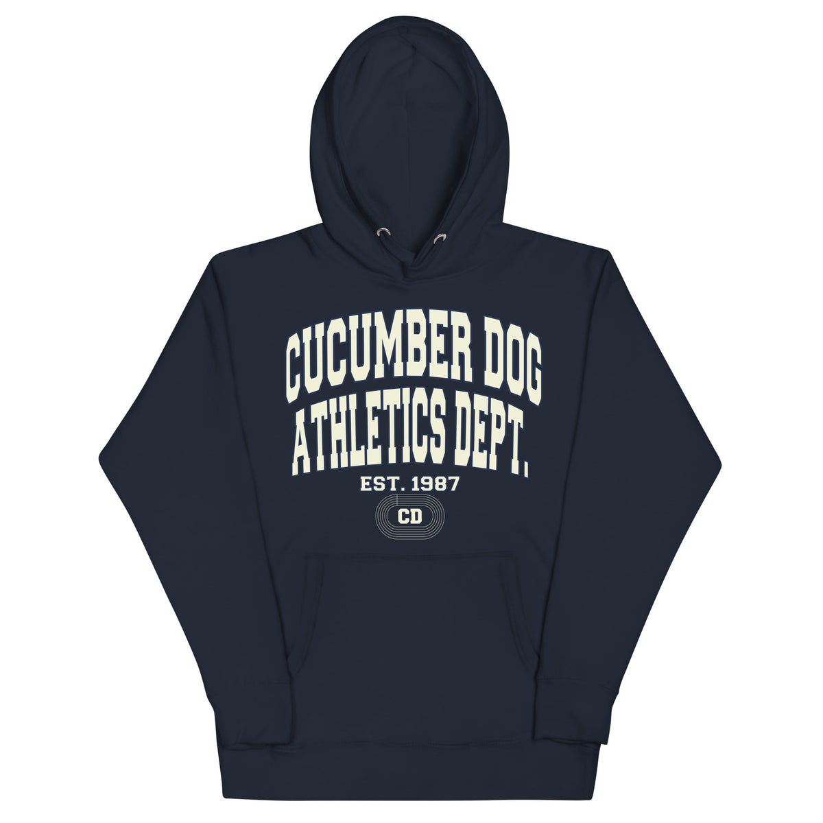 Navy hoodie featuring a monochromatic collegiate graphic with arched Cucumber Dog and Athletics Dept text in solid cream, Est. 1987, and a track motif framing the CD monogram.