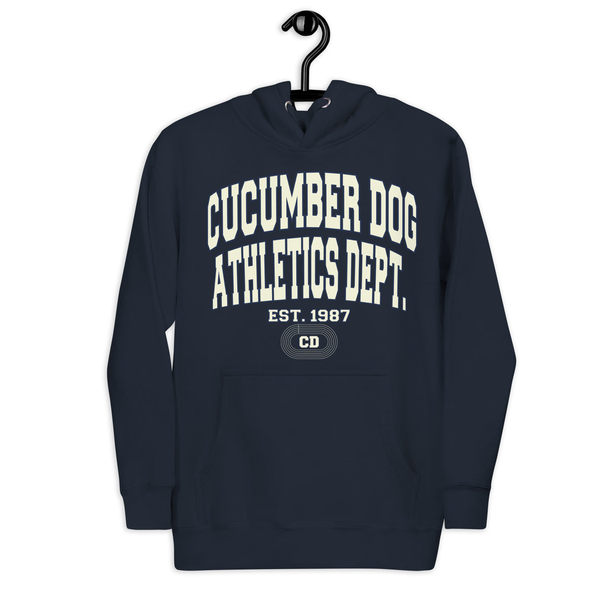 Navy hoodie featuring a monochromatic collegiate graphic with arched Cucumber Dog and Athletics Dept text in solid cream, Est. 1987, and a track motif framing the CD monogram.