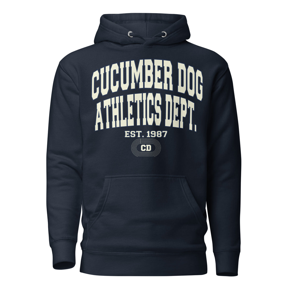 Navy hoodie featuring a monochromatic collegiate graphic with arched Cucumber Dog and Athletics Dept text in solid cream, Est. 1987, and a track motif framing the CD monogram.