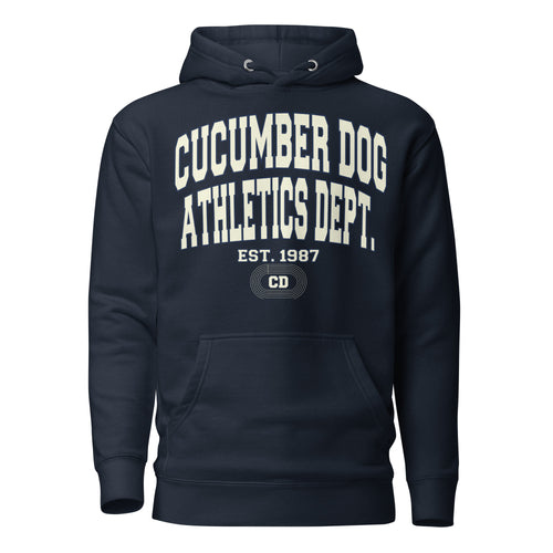 Navy hoodie featuring a monochromatic collegiate graphic with arched Cucumber Dog and Athletics Dept text in solid cream, Est. 1987, and a track motif framing the CD monogram.