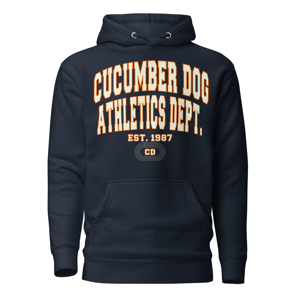 Premium navy blue hoodie featuring a vintage athletic graphic with arched Cucumber Dog and Athletics Dept text in white block typography with an orange outline, above Est. 1987 and a track motif framing the CD monogram.