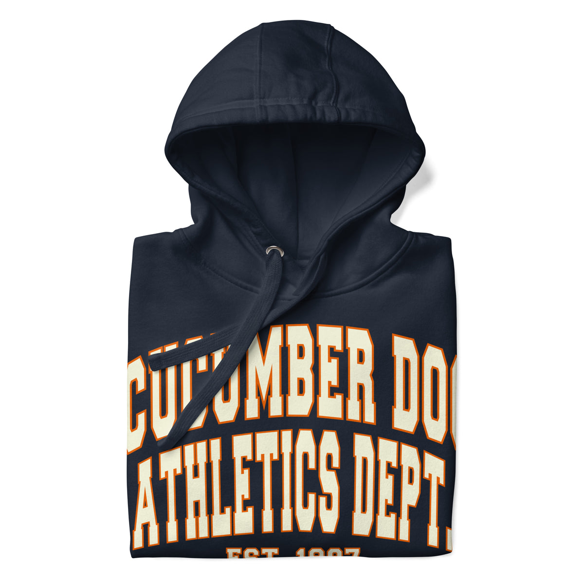 Premium navy blue hoodie featuring a vintage athletic graphic with arched Cucumber Dog and Athletics Dept text in white block typography with an orange outline, above Est. 1987 and a track motif framing the CD monogram.