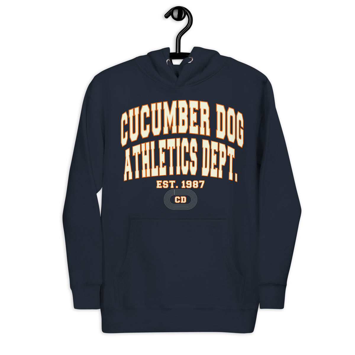 Premium navy blue hoodie featuring a vintage athletic graphic with arched Cucumber Dog and Athletics Dept text in white block typography with an orange outline, above Est. 1987 and a track motif framing the CD monogram.