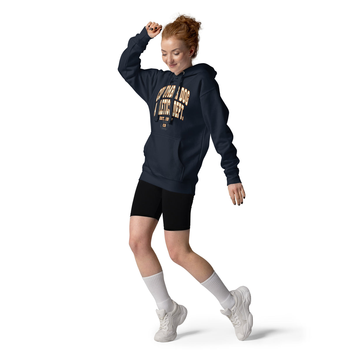 Premium navy blue hoodie featuring a vintage athletic graphic with arched Cucumber Dog and Athletics Dept text in white block typography with an orange outline, above Est. 1987 and a track motif framing the CD monogram.