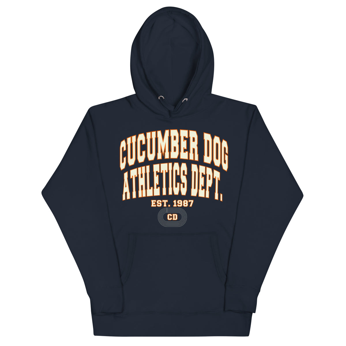 Premium navy blue hoodie featuring a vintage athletic graphic with arched Cucumber Dog and Athletics Dept text in white block typography with an orange outline, above Est. 1987 and a track motif framing the CD monogram.