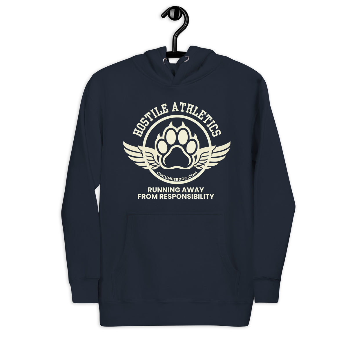 Premium navy blue hoodie featuring a winged collegiate athletic graphic with arched Hostile Athletics text, a central paw print emblem with cucumberdog.com, and the phrase Running Away From Responsibility printed underneath.