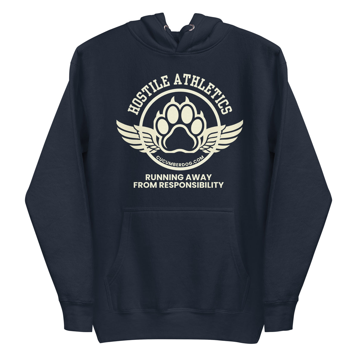 Premium navy blue hoodie featuring a winged collegiate athletic graphic with arched Hostile Athletics text, a central paw print emblem with cucumberdog.com, and the phrase Running Away From Responsibility printed underneath.