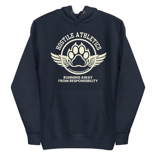 Premium navy blue hoodie featuring a winged collegiate athletic graphic with arched Hostile Athletics text, a central paw print emblem with cucumberdog.com, and the phrase Running Away From Responsibility printed underneath.