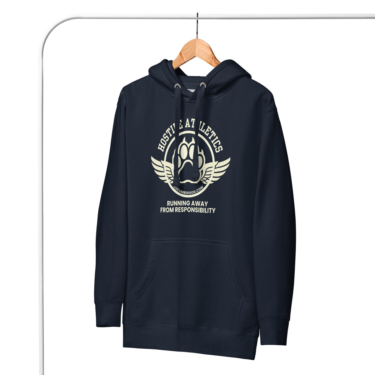 Premium navy blue hoodie featuring a winged collegiate athletic graphic with arched Hostile Athletics text, a central paw print emblem with cucumberdog.com, and the phrase Running Away From Responsibility printed underneath.