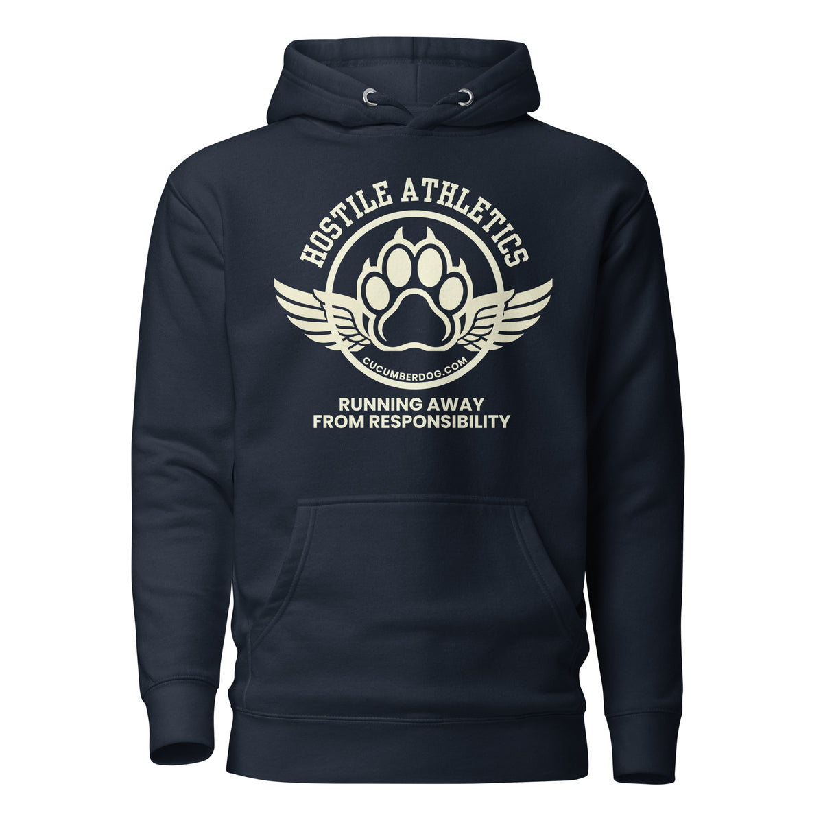 Premium navy blue hoodie featuring a winged collegiate athletic graphic with arched Hostile Athletics text, a central paw print emblem with cucumberdog.com, and the phrase Running Away From Responsibility printed underneath.