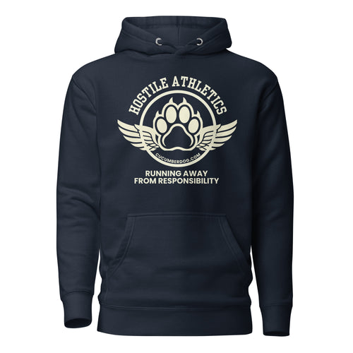 Premium navy blue hoodie featuring a winged collegiate athletic graphic with arched Hostile Athletics text, a central paw print emblem with cucumberdog.com, and the phrase Running Away From Responsibility printed underneath.