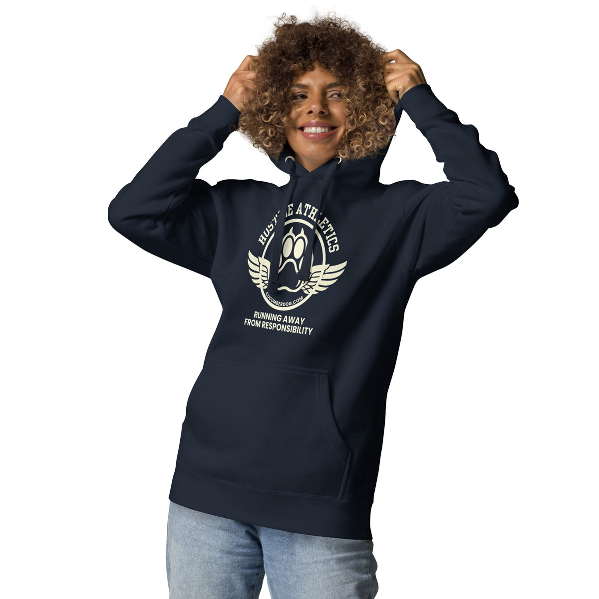 Premium navy blue hoodie featuring a winged collegiate athletic graphic with arched Hostile Athletics text, a central paw print emblem with cucumberdog.com, and the phrase Running Away From Responsibility printed underneath.
