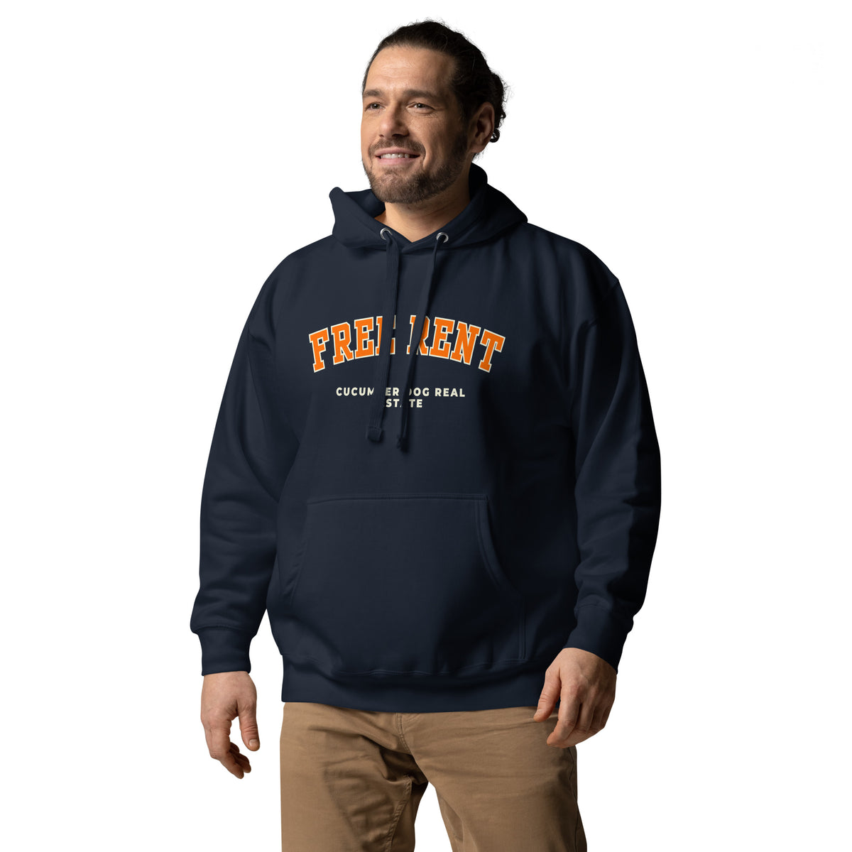 Navy hoodie featuring the text Free Rent in arched orange collegiate typography above Cucumber Dog Real Estate in cream text applied via DTF printing.