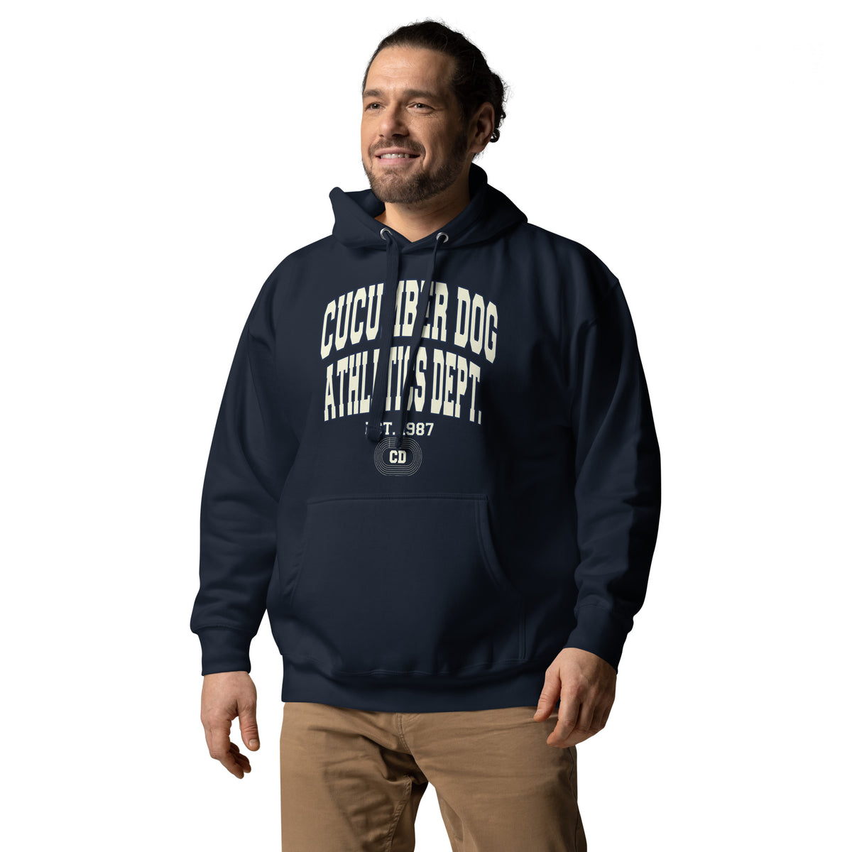Navy hoodie featuring a monochromatic collegiate graphic with arched Cucumber Dog and Athletics Dept text in solid cream, Est. 1987, and a track motif framing the CD monogram.