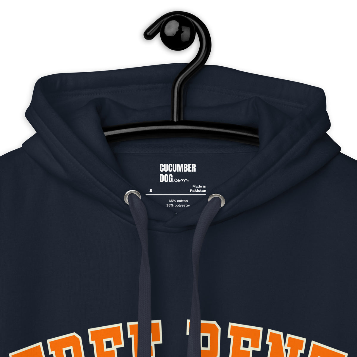 Navy hoodie featuring the text Free Rent in arched orange collegiate typography above Cucumber Dog Real Estate in cream text applied via DTF printing along with the label.