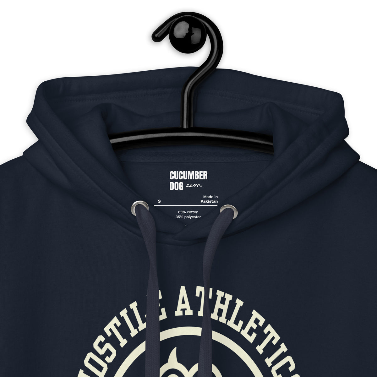 Premium navy blue hoodie featuring a winged collegiate athletic graphic with arched Hostile Athletics text, a central paw print emblem with cucumberdog.com, and the phrase Running Away From Responsibility printed underneath.