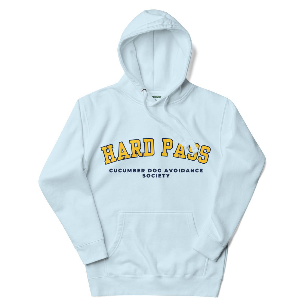 Sky blue hoodie featuring the text Hard Pass in arched yellow collegiate typography above Cucumber Dog Avoidance Society in navy text.