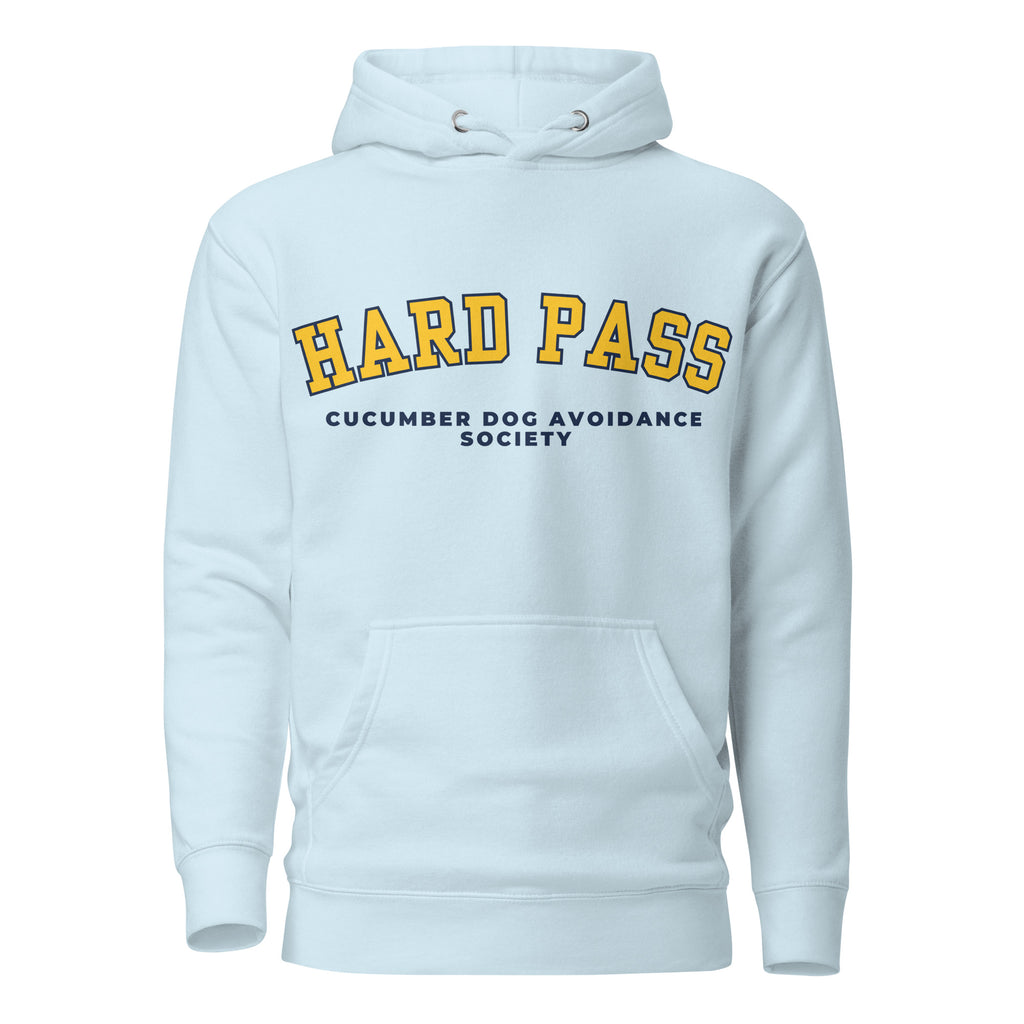 Sky blue hoodie featuring the text Hard Pass in arched yellow collegiate typography above Cucumber Dog Avoidance Society in navy text.