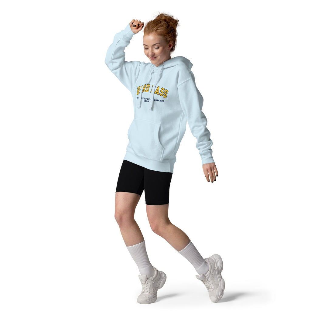 Sky blue hoodie featuring the text Hard Pass in arched yellow collegiate typography above Cucumber Dog Avoidance Society in navy text.