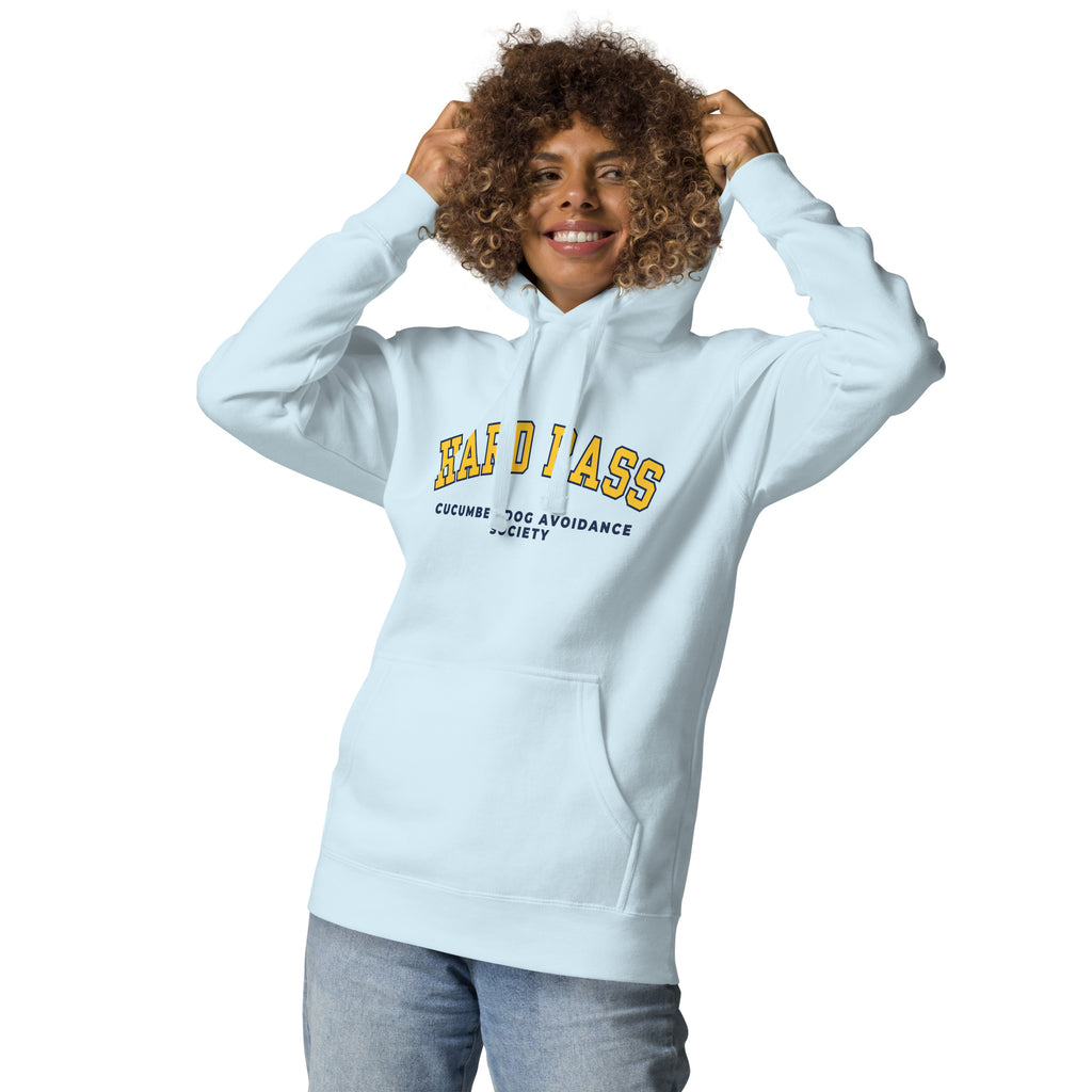 Sky blue hoodie featuring the text Hard Pass in arched yellow collegiate typography above Cucumber Dog Avoidance Society in navy text.
