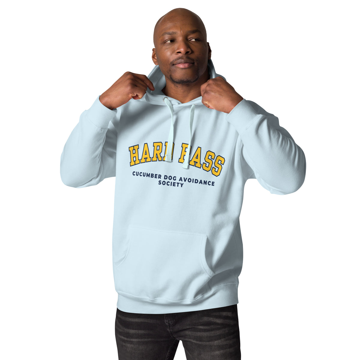 Sky blue hoodie featuring the text Hard Pass in arched yellow collegiate typography above Cucumber Dog Avoidance Society in navy text.