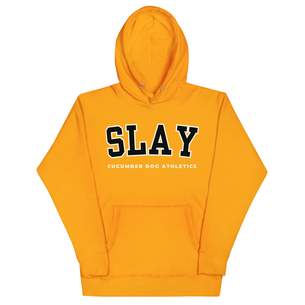 A bright yellow pullover hoodie with 'SLAY' printed in black varsity-style letters with white outlines across the chest, and 'CUCUMBER DOG ATHLETICS' printed in white underneath. The hoodie is shown flat against a solid white background.
