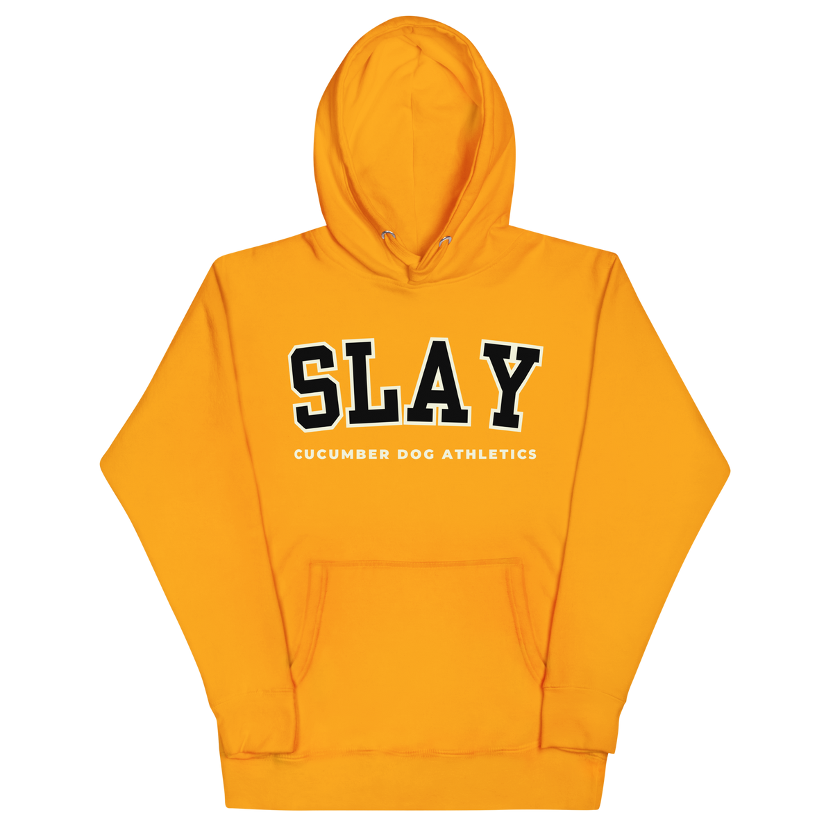 A bright yellow pullover hoodie with 'SLAY' printed in black varsity-style letters with white outlines across the chest, and 'CUCUMBER DOG ATHLETICS' printed in white underneath. The hoodie is shown flat against a solid white background.