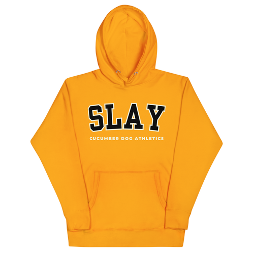 A bright yellow pullover hoodie with 'SLAY' printed in black varsity-style letters with white outlines across the chest, and 'CUCUMBER DOG ATHLETICS' printed in white underneath. The hoodie is shown flat against a solid white background.