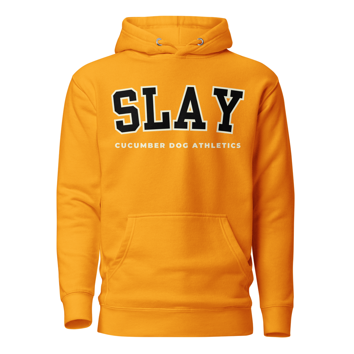 A bright orange pullover hoodie with 'SLAY' printed in black varsity letters with a white outline across the chest, and 'CUCUMBER DOG ATHLETICS' printed in white underneath. The hoodie features a front kangaroo pocket and drawstring hood.