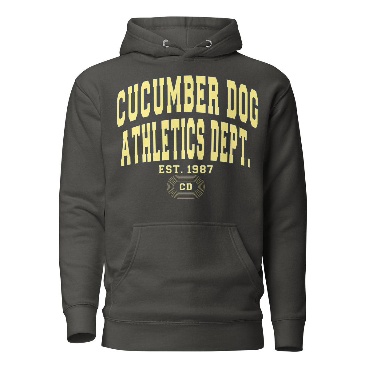 Premium vintage black hoodie featuring a vintage athletic graphic with arched Cucumber Dog and Athletics Dept text in solid butter cream block typography, above Est. 1987 and a track motif framing the CD monogram.